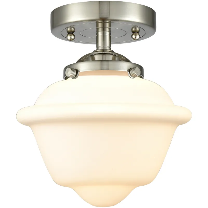 Nouveau Small Oxford 1 Light 8 inch Brushed Satin Nickel Semi-Flush Mount Ceiling Light in Matte White Glass, Nouveau
