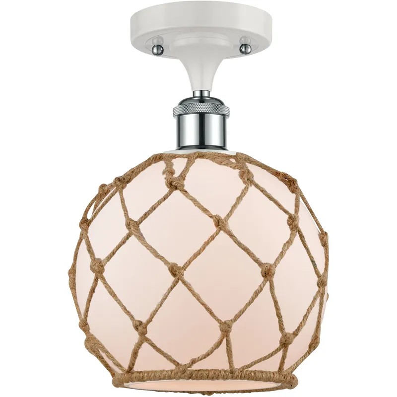 Ballston Farmhouse Rope LED 8 inch White and Polished Chrome Semi-Flush Mount Ceiling Light in White Glass with Brown Rope, Ballston