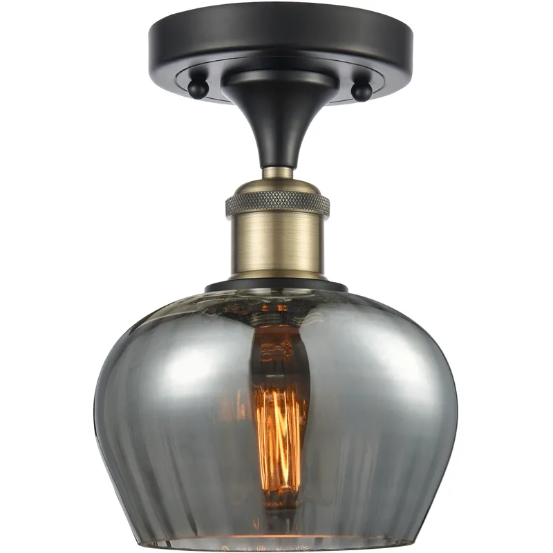 Fenton 1 Light 6.5 inch Black Antique Brass Semi-Flush Mount Ceiling Light in Plated Smoke Glass