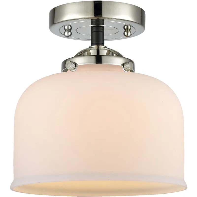Nouveau Large Bell LED 8 inch Black Polished Nickel Semi-Flush Mount Ceiling Light in Matte White Glass, Nouveau