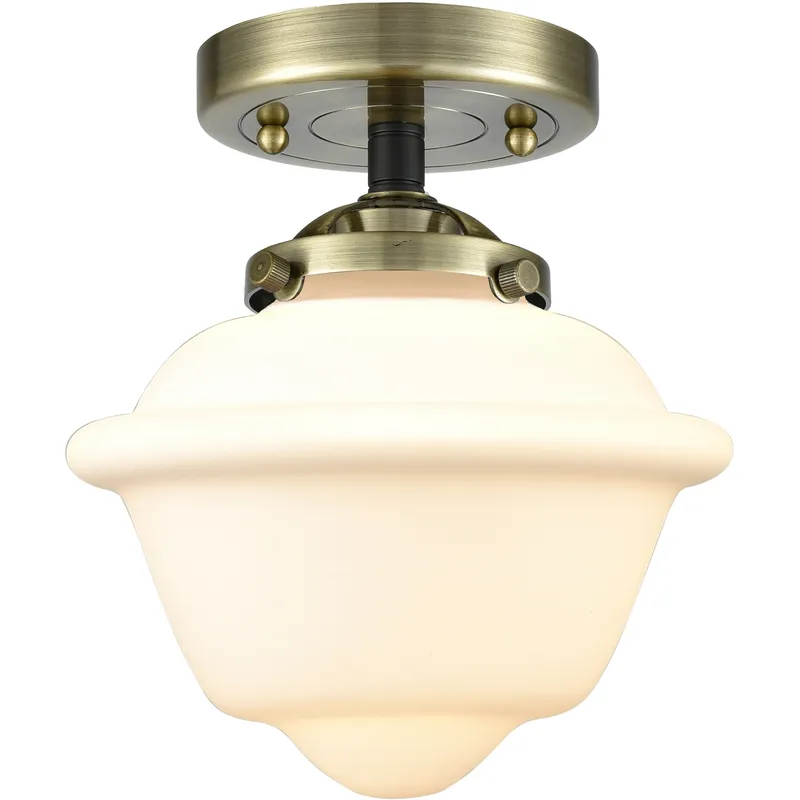 Nouveau Small Oxford 1 Light 8 inch Black Antique Brass Semi-Flush Mount Ceiling Light in Matte White Glass, Nouveau