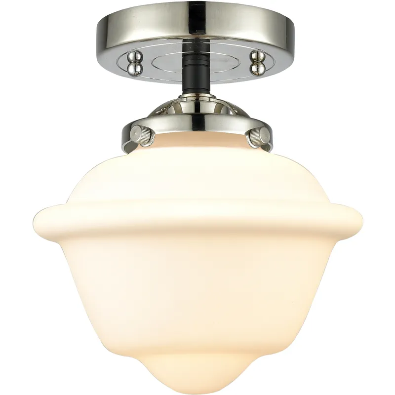 Nouveau Small Oxford 1 Light 8 inch Black Polished Nickel Semi-Flush Mount Ceiling Light in Matte White Glass, Nouveau