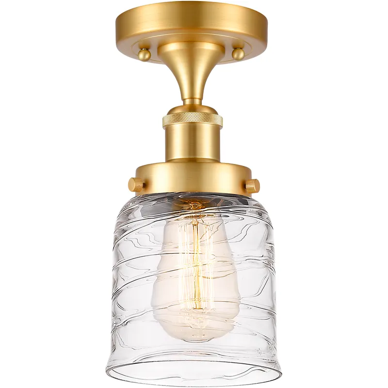 Bell 1 Light 5 inch Satin Gold Semi-Flush Mount Ceiling Light in Clear Deco Swirl Glass