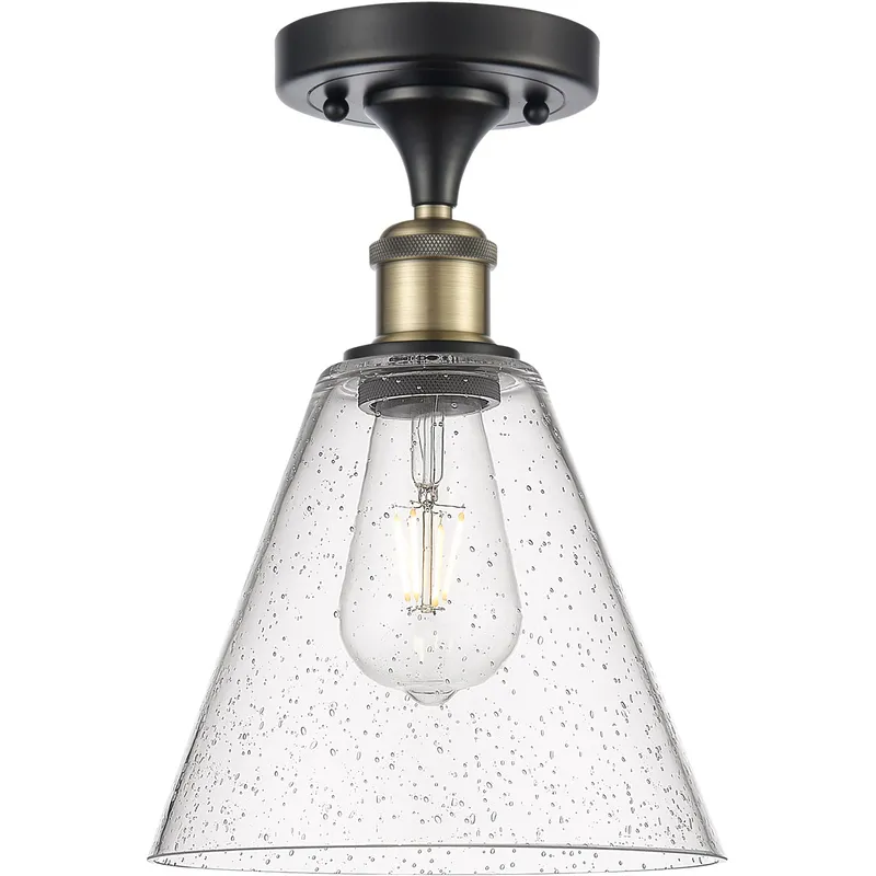 Ballston Cone 1 Light 8 inch Black Antique Brass Semi-Flush Mount Ceiling Light in Seedy Glass