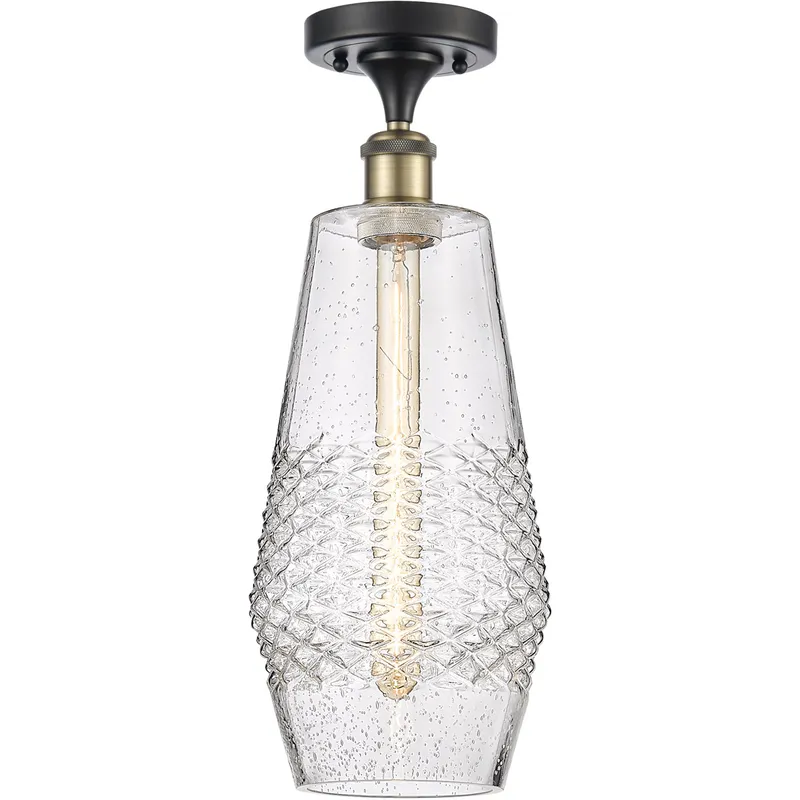 Ballston Windham LED 7 inch Black Antique Brass Semi-Flush Mount Ceiling Light in Seedy Glass
