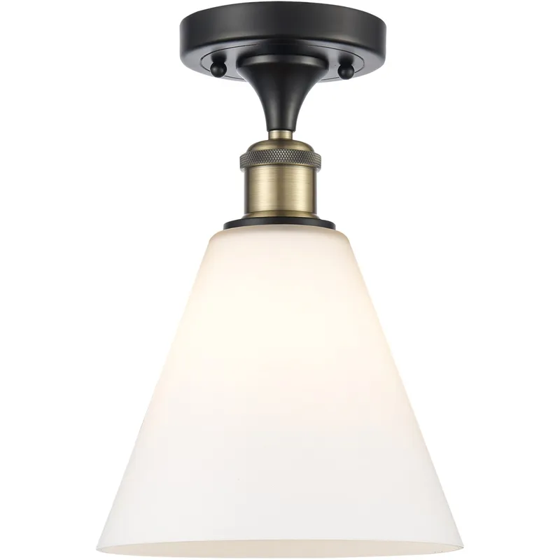 Ballston Cone 1 Light 8 inch Black Antique Brass Semi-Flush Mount Ceiling Light in Matte White Glass