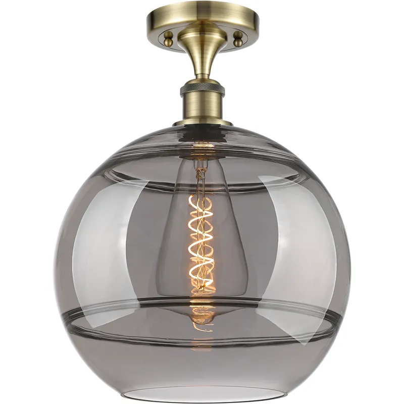Edison Rochester 1 Light 12 inch Antique Brass Semi-Flush Mount Ceiling Light in Light Smoke Glass