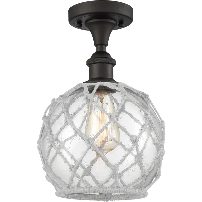 Ballston Farmhouse Rope LED 8 inch Oil Rubbed Bronze Semi-Flush Mount Ceiling Light in Clear Glass with White Rope, Ballston