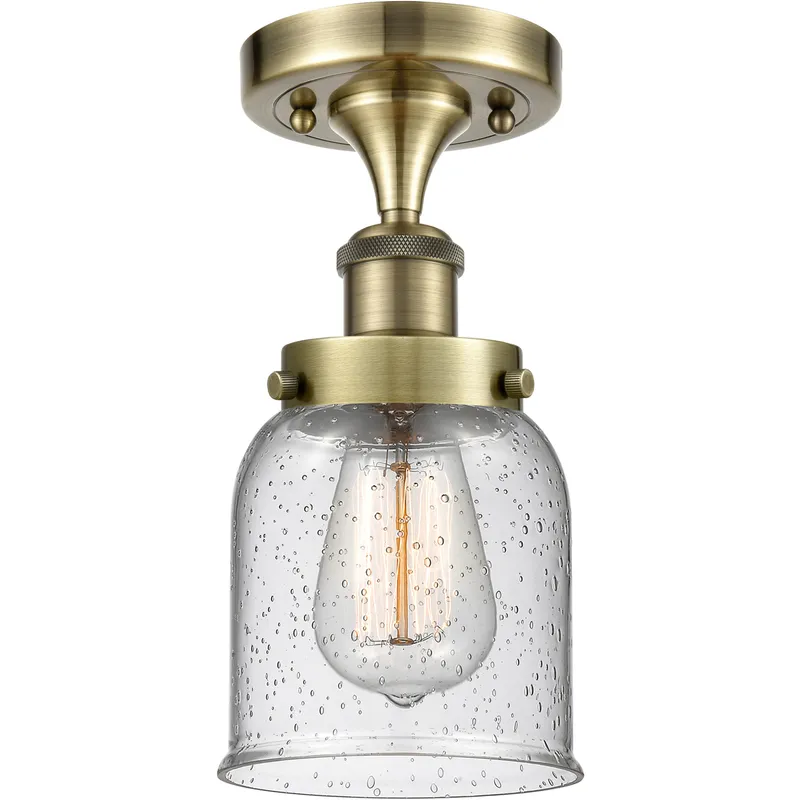 Bell 1 Light 5 inch Antique Brass Semi-Flush Mount Ceiling Light in Seedy Glass