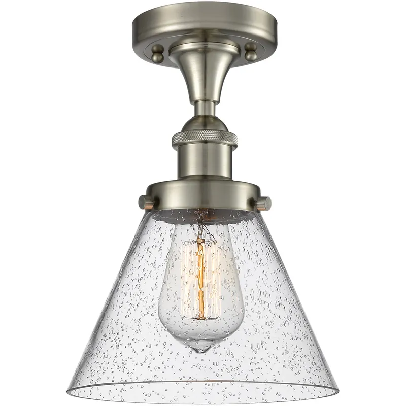 Ballston Large Cone LED 8 inch Brushed Satin Nickel Semi-Flush Mount Ceiling Light in Seedy Glass, Ballston