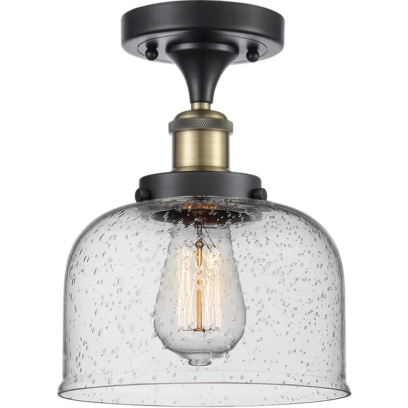 Ballston Large Bell 1 Light 8 inch Black Antique Brass Semi-Flush Mount Ceiling Light in Seedy Glass