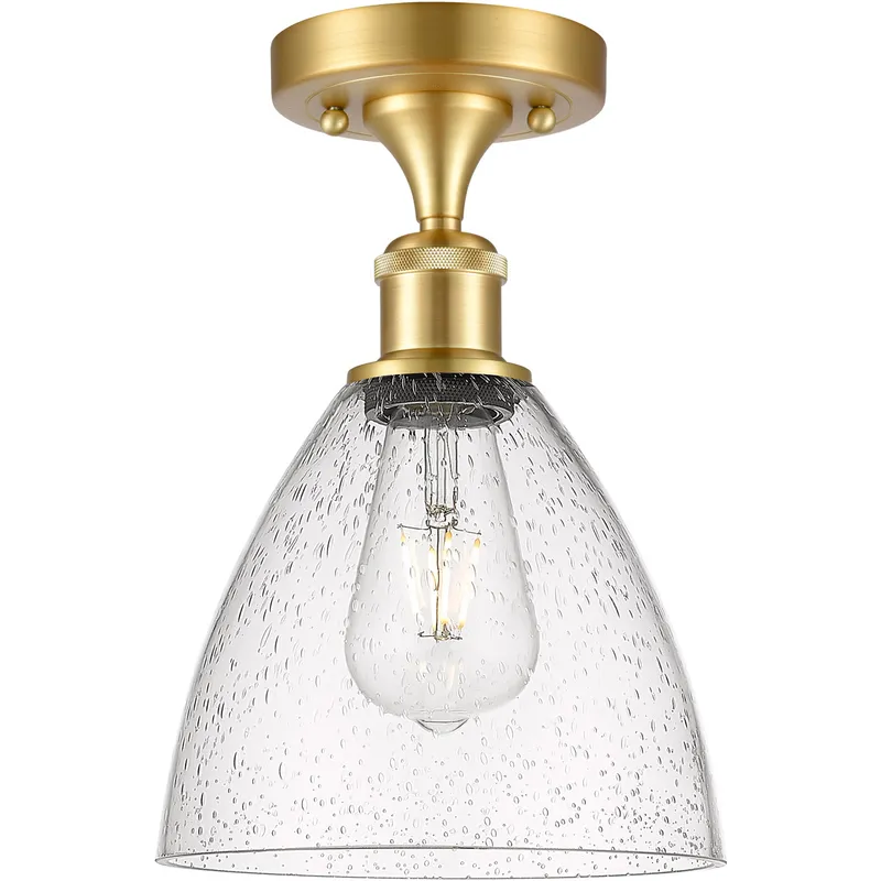 Ballston Dome LED 7.5 inch Satin Gold Semi-Flush Mount Ceiling Light in Seedy Glass