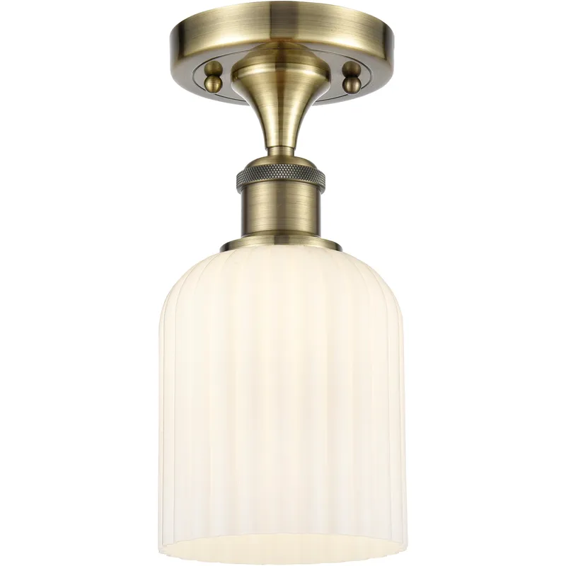 Bridal Veil 1 Light 5 inch Antique Brass Semi-Flush Mount Ceiling Light in Gloss White Glass