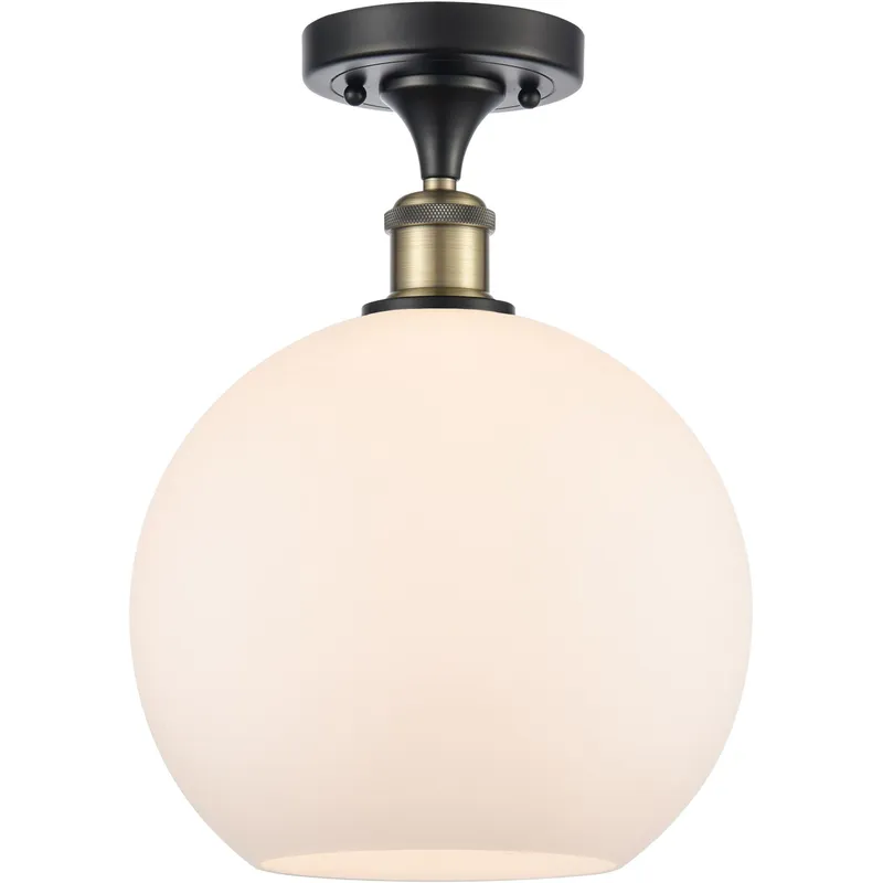 Ballston Large Athens LED 10 inch Black Antique Brass Semi-Flush Mount Ceiling Light in Matte White Glass, Ballston