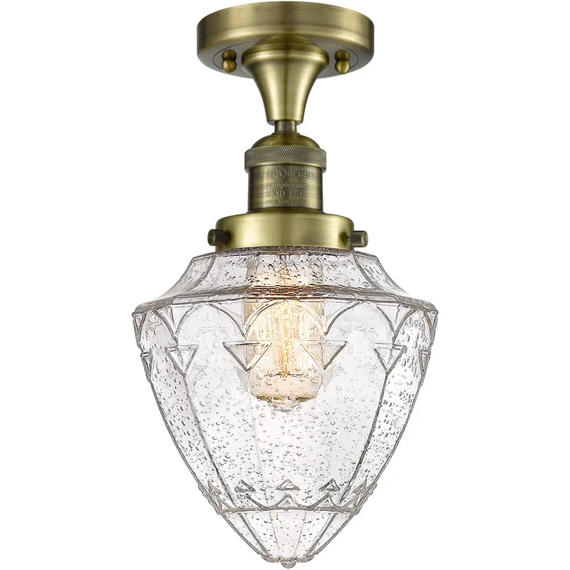 Franklin Restoration Bullet LED 7 inch Antique Brass Semi-Flush Mount Ceiling Light in Seedy Glass