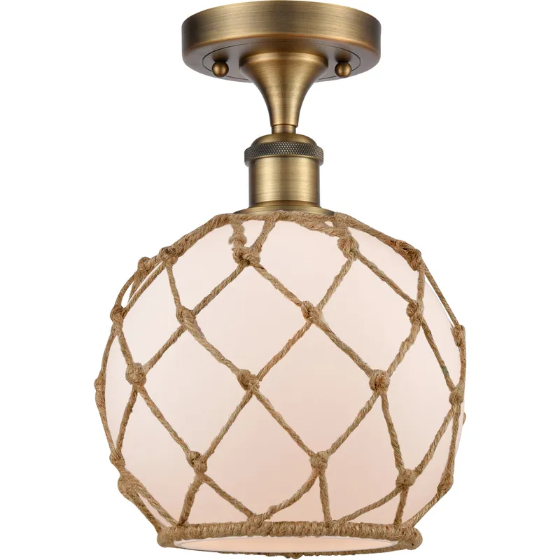 Ballston Farmhouse Rope LED 8 inch Brushed Brass Semi-Flush Mount Ceiling Light in White Glass with Brown Rope, Ballston