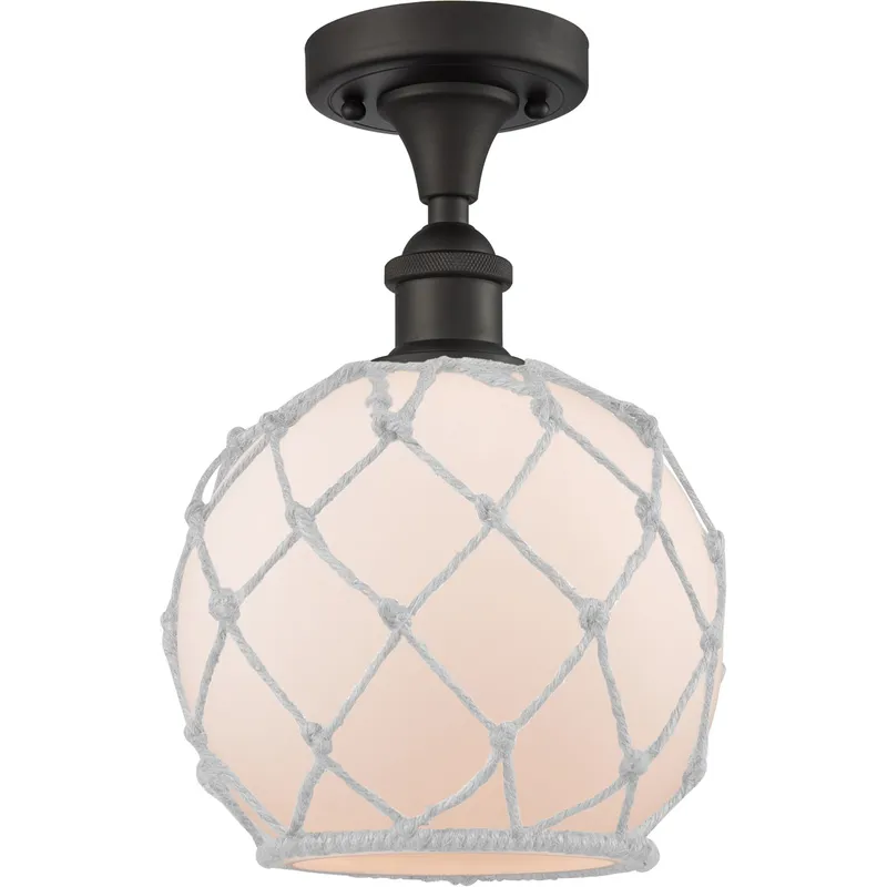Ballston Farmhouse Rope LED 8 inch Oil Rubbed Bronze Semi-Flush Mount Ceiling Light in White Glass with White Rope, Ballston
