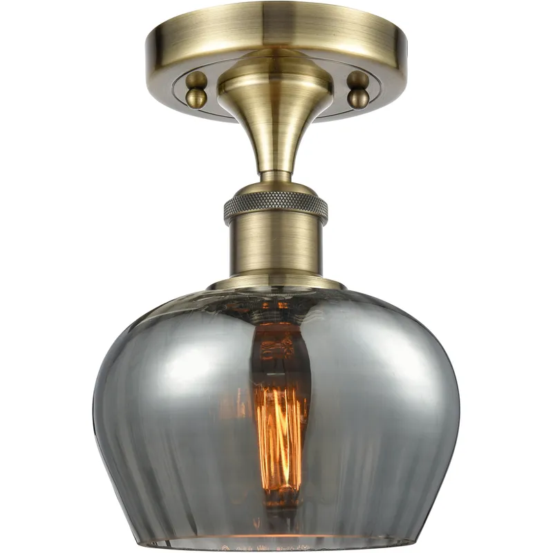 Fenton 1 Light 6.5 inch Antique Brass Semi-Flush Mount Ceiling Light in Plated Smoke Glass