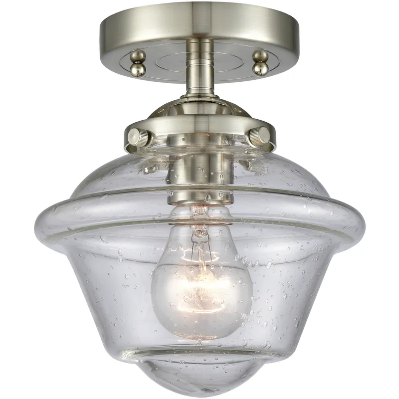 Nouveau Small Oxford 1 Light 8 inch Brushed Satin Nickel Semi-Flush Mount Ceiling Light in Seedy Glass, Nouveau