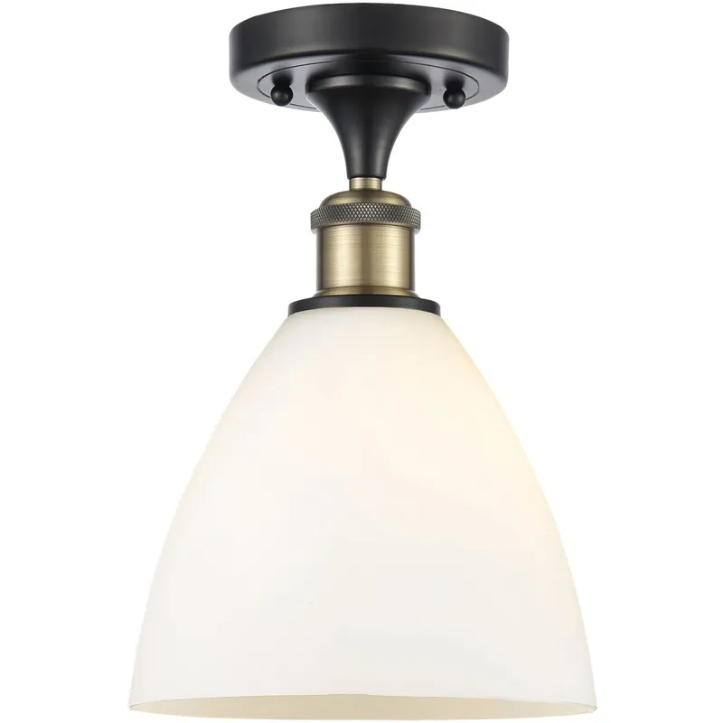 Ballston Dome LED 7.5 inch Black Antique Brass Semi-Flush Mount Ceiling Light in Matte White Glass