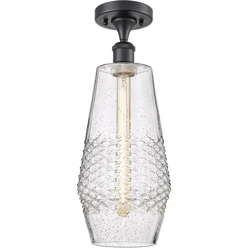 Ballston Windham LED 7 inch Matte Black Semi-Flush Mount Ceiling Light in Seedy Glass