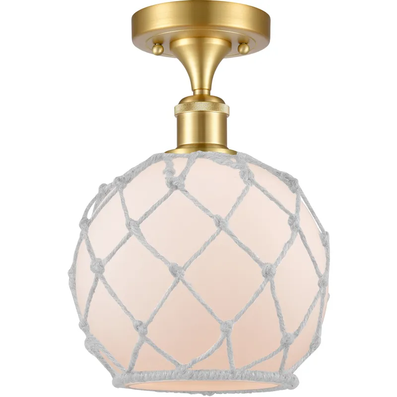 Ballston Farmhouse Rope LED 8 inch Satin Gold Semi-Flush Mount Ceiling Light in White Glass with White Rope, Ballston