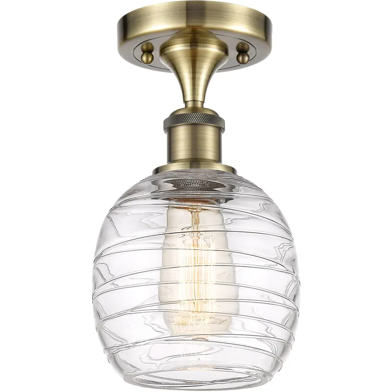 Ballston Belfast LED 6 inch Antique Brass Semi-Flush Mount Ceiling Light in Deco Swirl Glass