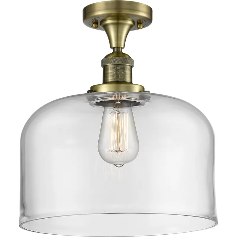 Franklin Restoration X-Large Bell LED 12 inch Antique Brass Semi-Flush Mount Ceiling Light in Clear Glass, Franklin Restoration