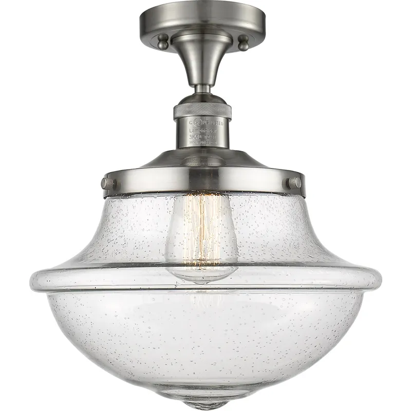 Franklin Restoration Large Oxford 1 Light 12 inch Brushed Satin Nickel Semi-Flush Mount Ceiling Light in Seedy Glass, Franklin Restoration