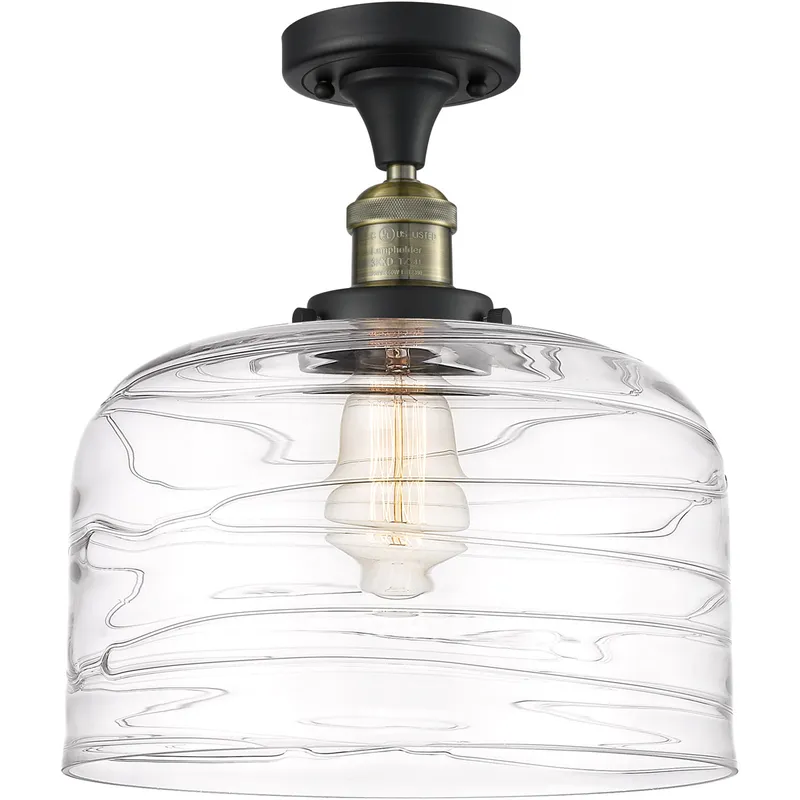 Franklin Restoration Bell LED 12 inch Black Antique Brass Semi-Flush Mount Ceiling Light in Clear Deco Swirl Glass