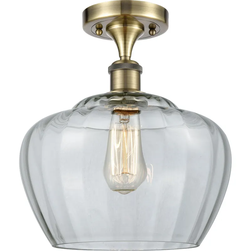 Ballston Large Fenton 1 Light 11 inch Antique Brass Semi-Flush Mount Ceiling Light in Incandescent, Clear Glass, Ballston