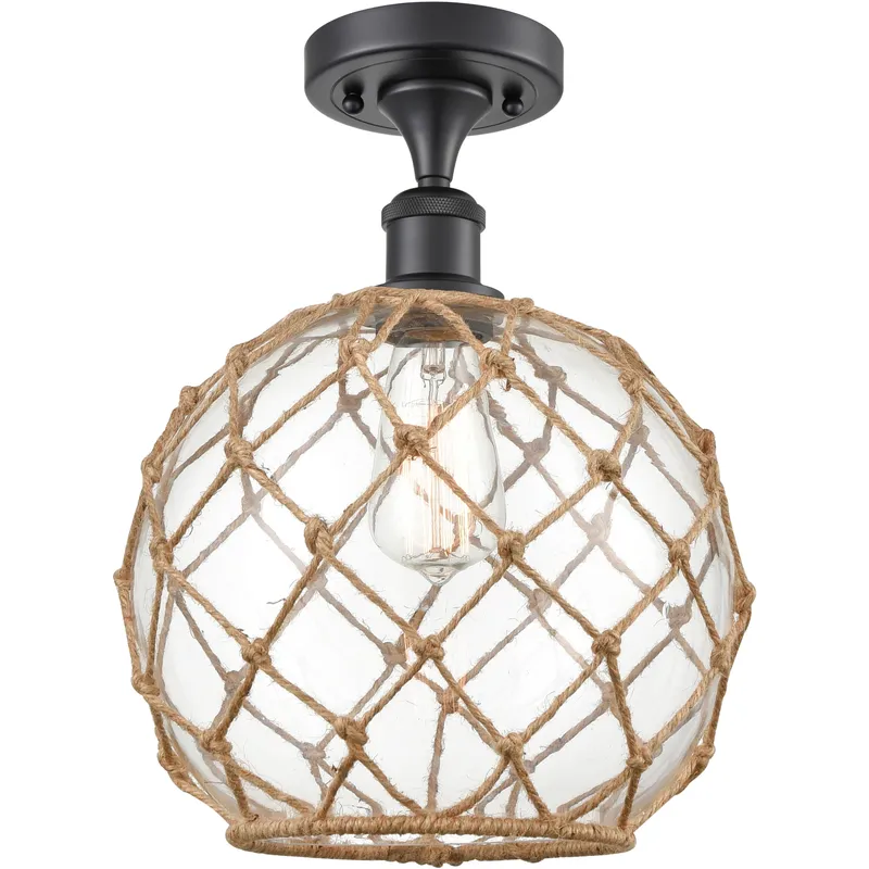 Edison Farmhouse Rope 1 Light 10 inch Matte Black Semi-Flush Mount Ceiling Light in Clear Glass with Brown Rope