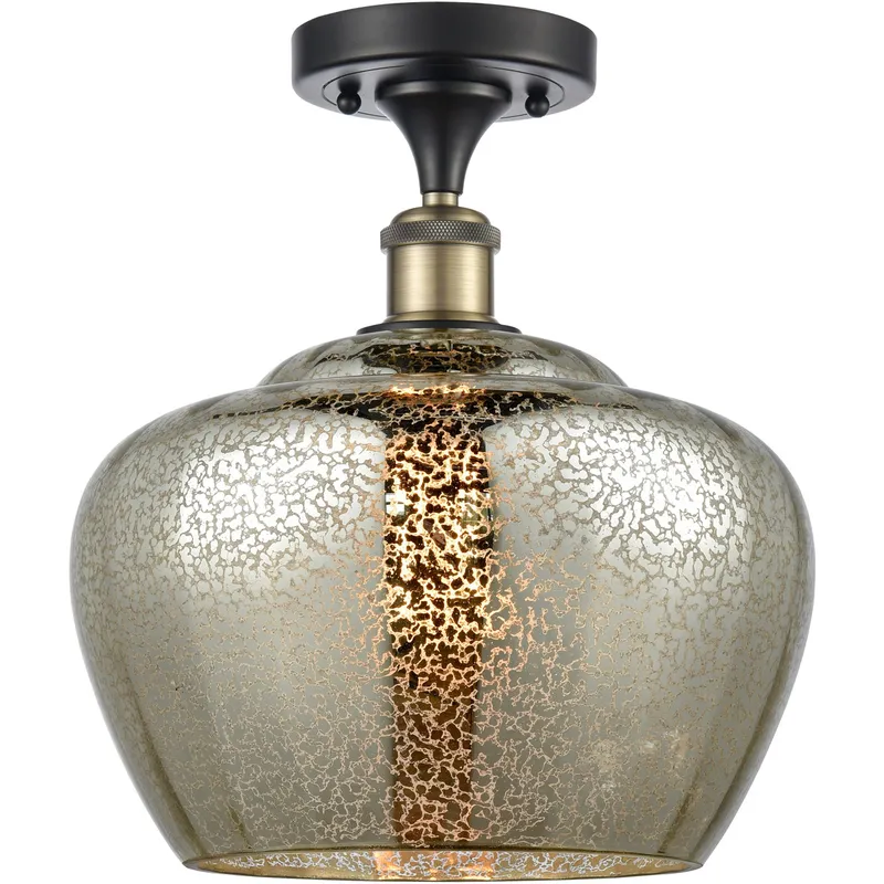 Ballston Large Fenton 1 Light 11 inch Black Antique Brass Semi-Flush Mount Ceiling Light in Mercury Glass, Ballston