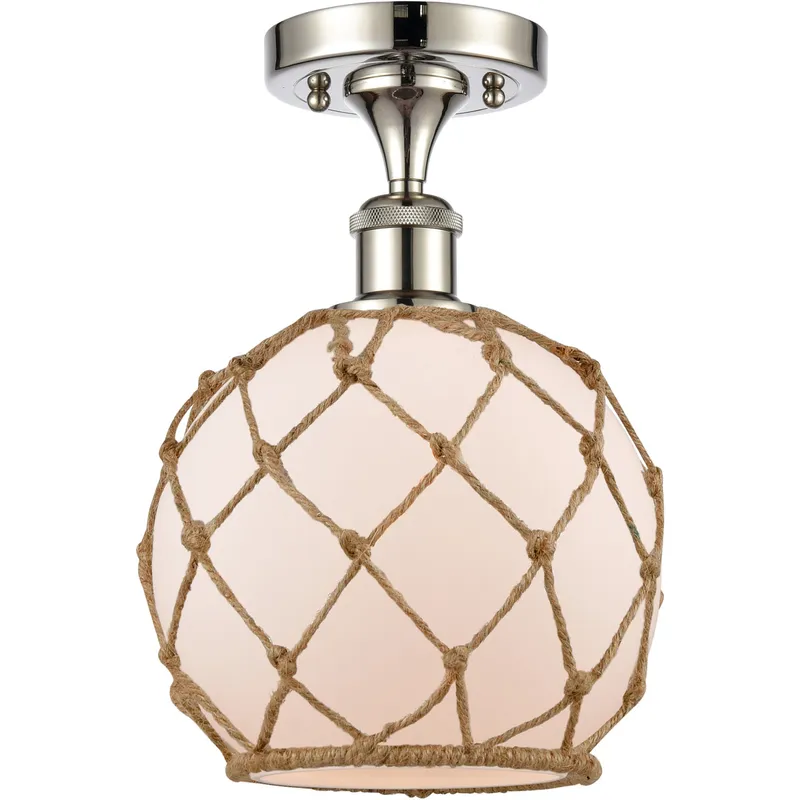 Ballston Farmhouse Rope LED 8 inch Polished Nickel Semi-Flush Mount Ceiling Light in White Glass with Brown Rope, Ballston