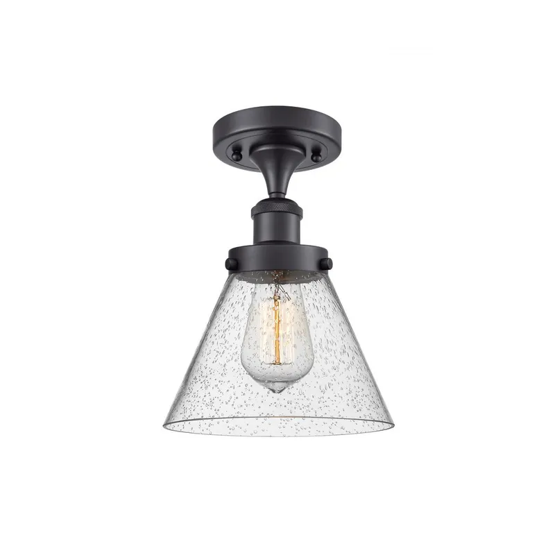 Ballston Large Cone LED 8 inch Matte Black Semi-Flush Mount Ceiling Light in Seedy Glass, Ballston