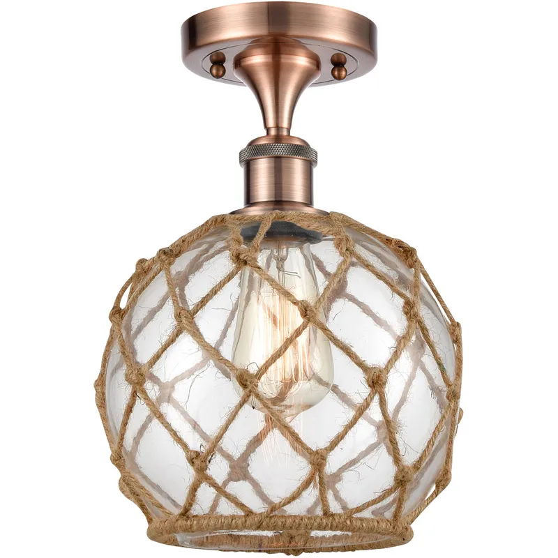 Ballston Farmhouse Rope LED 8 inch Antique Copper Semi-Flush Mount Ceiling Light in Clear Glass with Brown Rope, Ballston