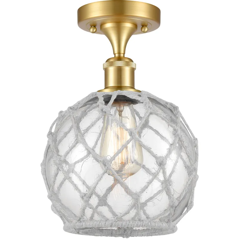 Ballston Farmhouse Rope LED 8 inch Satin Gold Semi-Flush Mount Ceiling Light in Clear Glass with White Rope, Ballston