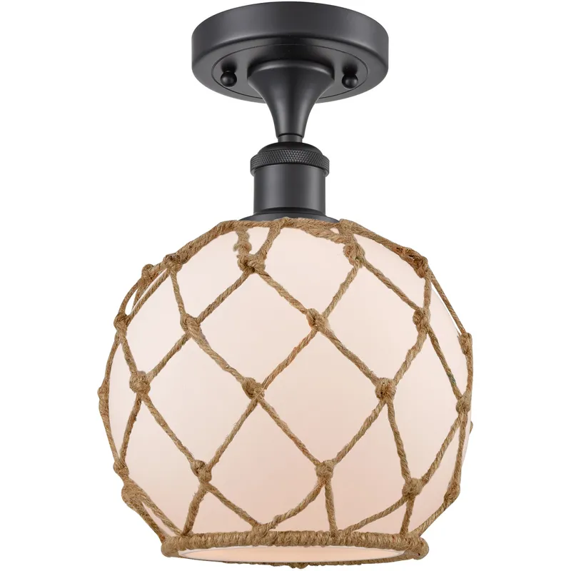 Ballston Farmhouse Rope LED 8 inch Matte Black Semi-Flush Mount Ceiling Light in White Glass with Brown Rope, Ballston
