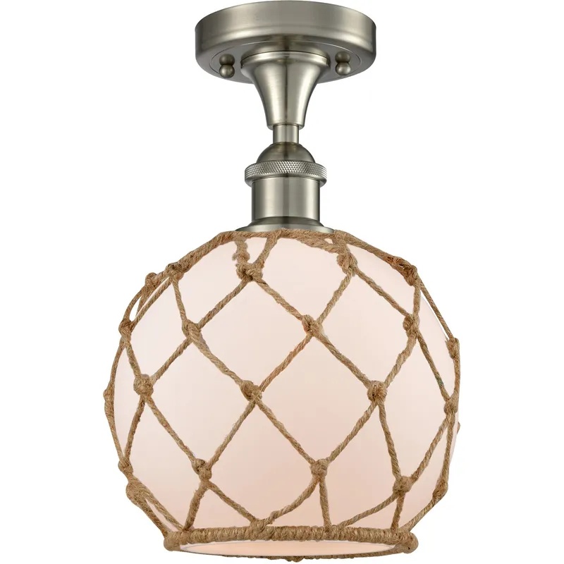Ballston Farmhouse Rope LED 8 inch Brushed Satin Nickel Semi-Flush Mount Ceiling Light in White Glass with Brown Rope, Ballston
