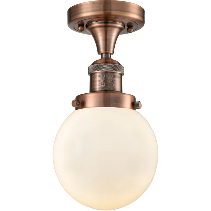 Franklin Restoration Beacon 1 Light 6 inch Antique Copper Semi-Flush Mount Ceiling Light in Matte White Glass, Franklin Restoration