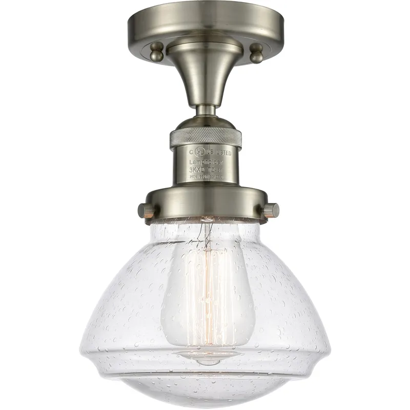 Franklin Restoration Olean 1 Light 6.75 inch Brushed Satin Nickel Semi-Flush Mount Ceiling Light in Seedy Glass, Franklin Restoration