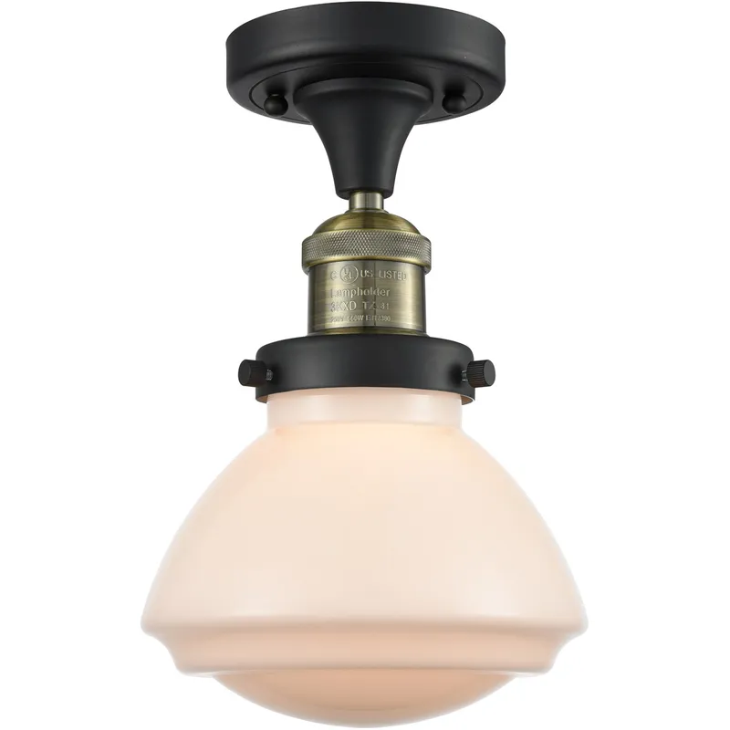 Franklin Restoration Olean 1 Light 7 inch Black Antique Brass Semi-Flush Mount Ceiling Light in Matte White Glass, Franklin Restoration