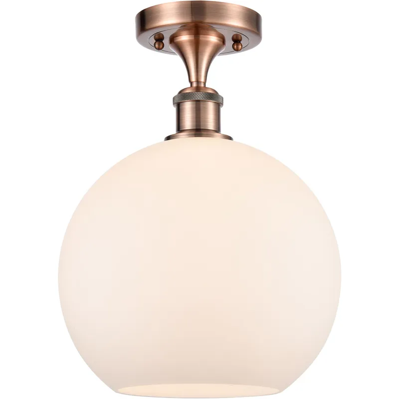 Ballston Large Athens LED 10 inch Antique Copper Semi-Flush Mount Ceiling Light in Matte White Glass, Ballston