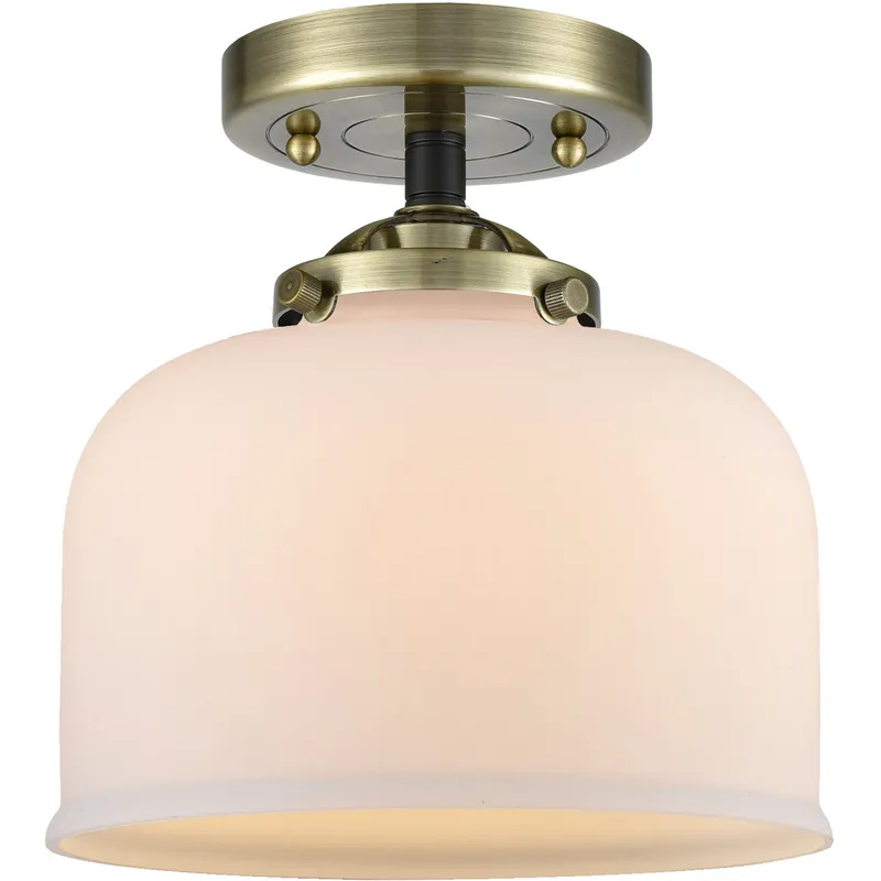 Nouveau Large Bell LED 8 inch Black Antique Brass Semi-Flush Mount Ceiling Light in Matte White Glass, Nouveau