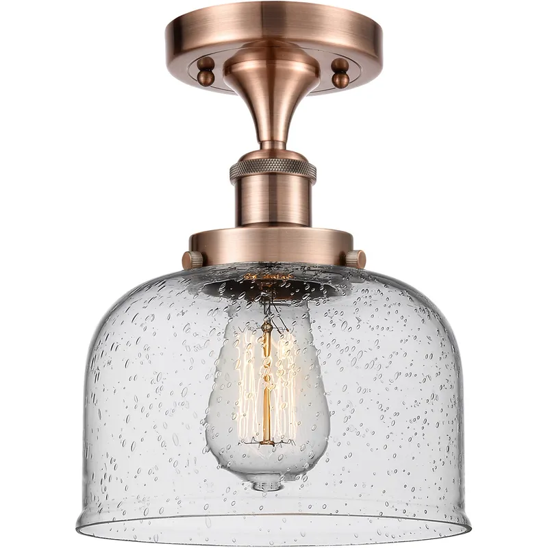 Ballston Large Bell 1 Light 8 inch Antique Copper Semi-Flush Mount Ceiling Light in Seedy Glass
