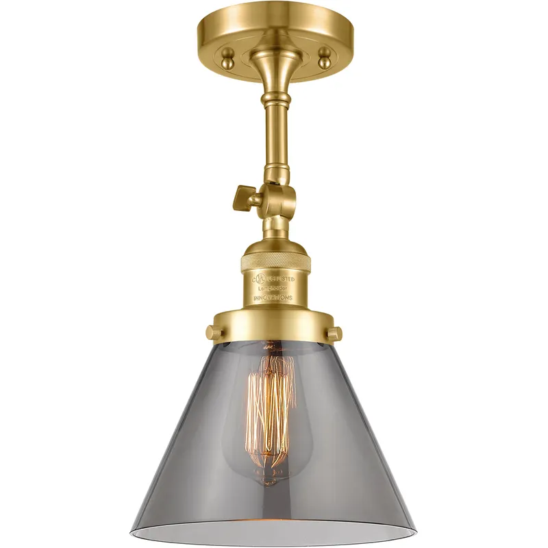 Franklin Restoration Large Cone 1 Light 7.75 inch Satin Gold Semi-Flush Mount Ceiling Light in Light Smoke Glass, Franklin Restoration