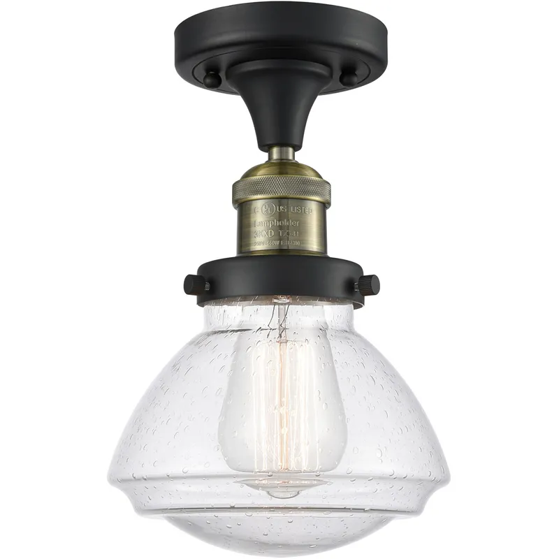 Franklin Restoration Olean 1 Light 6.75 inch Black Antique Brass Semi-Flush Mount Ceiling Light in Seedy Glass, Franklin Restoration