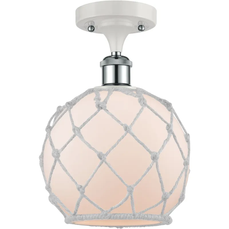 Ballston Farmhouse Rope LED 8 inch White and Polished Chrome Semi-Flush Mount Ceiling Light in White Glass with White Rope, Ballston