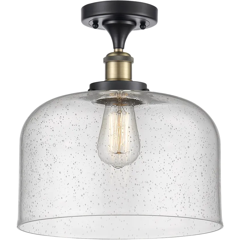 Ballston X-Large Bell 1 Light 8 inch Black Antique Brass Semi-Flush Mount Ceiling Light in Seedy Glass