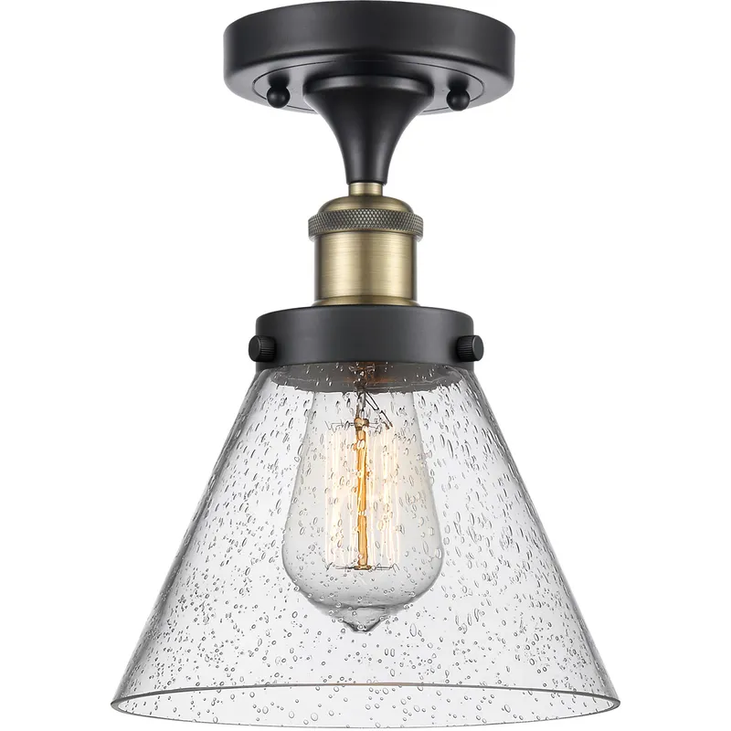Ballston Large Cone LED 8 inch Black Antique Brass Semi-Flush Mount Ceiling Light in Seedy Glass